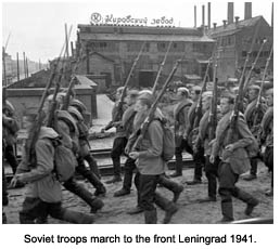 Soviet troops marching to Leningrad